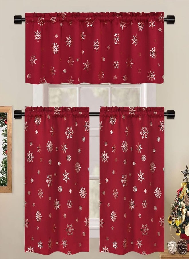 FRAMICS Snowflake Foil Print Tier Curtains - 36 Inch Length, Rod Pocket Red Christmas Curtains for Kitchen, 26" W x 36" L, 2 Panels - Image 5